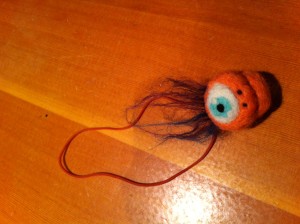 With little Eyeball here I wanted to make something really solid so I worked the form for a really long time to get a firm body. Then I attached an elastic and Dave and I like to fling him around. 